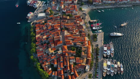 beautiful korčula old town and harbour, croatian island landscape, aerial reveal