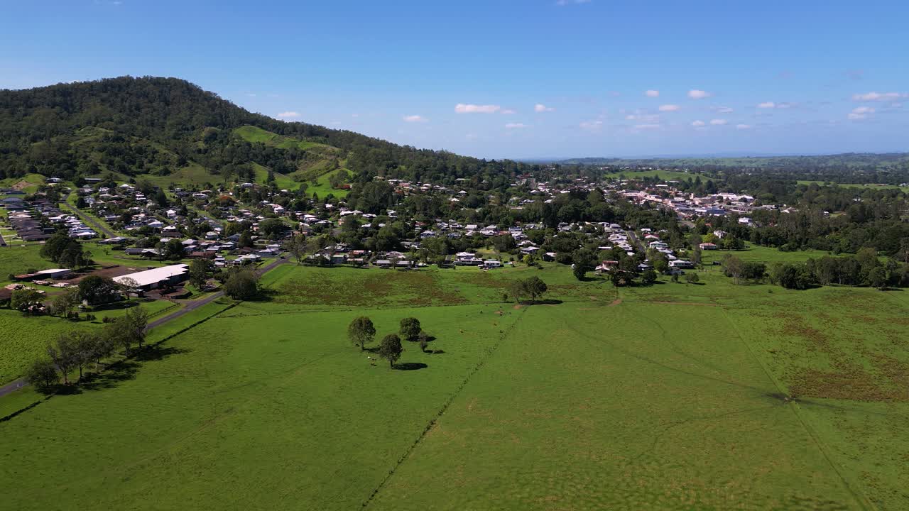 Reversing aerial footage of farmland surrounding Kyogle in Northern New South Wales, Australia