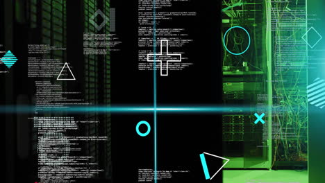 digital data processing and analysis animation over green and black technological background