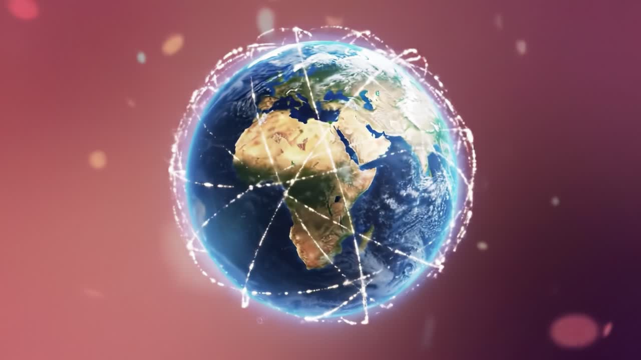 A Stunning Visual Representation of the Earth Surrounded by Digital Connections, Highlighting Global Interactivity and Network Integration Across Continents