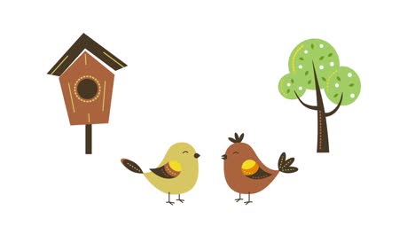 video 4k de dibujos animados dos pájaros en diseño plano.
