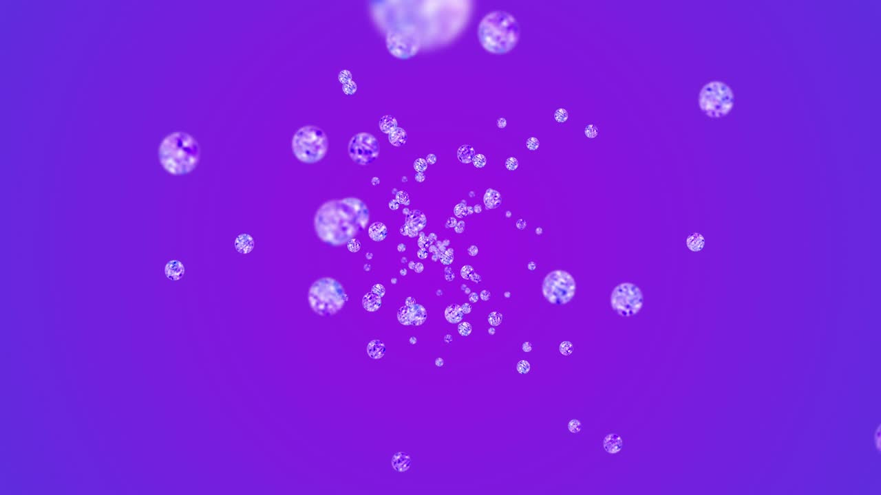 Flying many clear crystal spheres on purple background. Shine transparent, Colorful glass. 3D animation of shiny ball rotating. Loop animation.