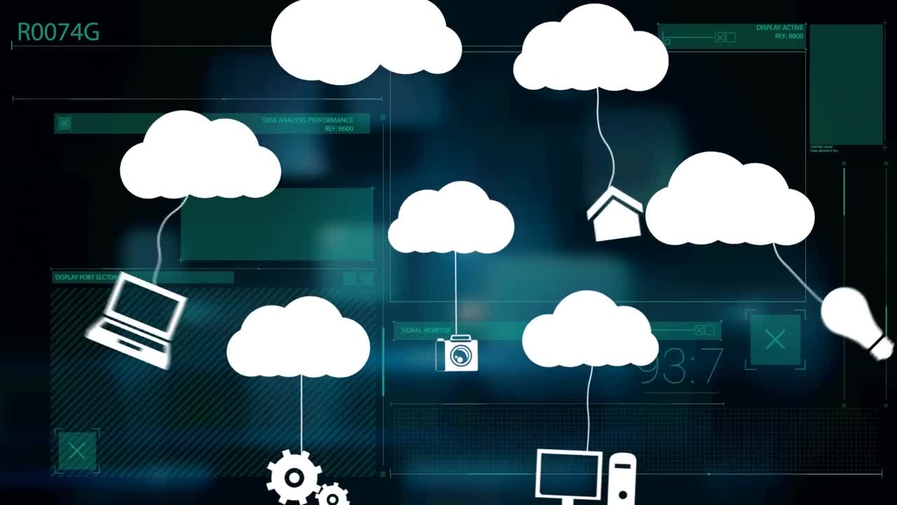 검은색 배경에 있는 데이터 처리에 대한 아이콘의 애니메이션