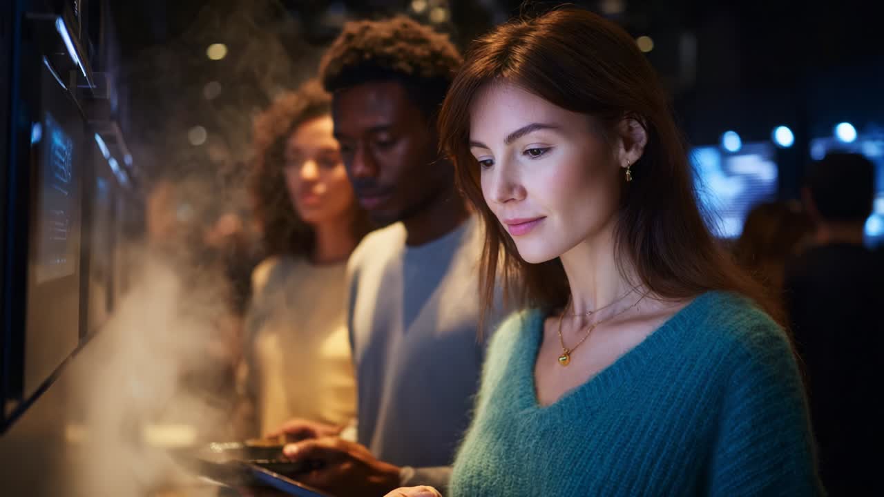 An Engaging Evening: A Young Woman Focuses on Her Device Amidst a Modern Social Setting, Surrounded by Friends, Demonstrating Connectivity and Shared Experiences in a Warm, Lively Atmosphere