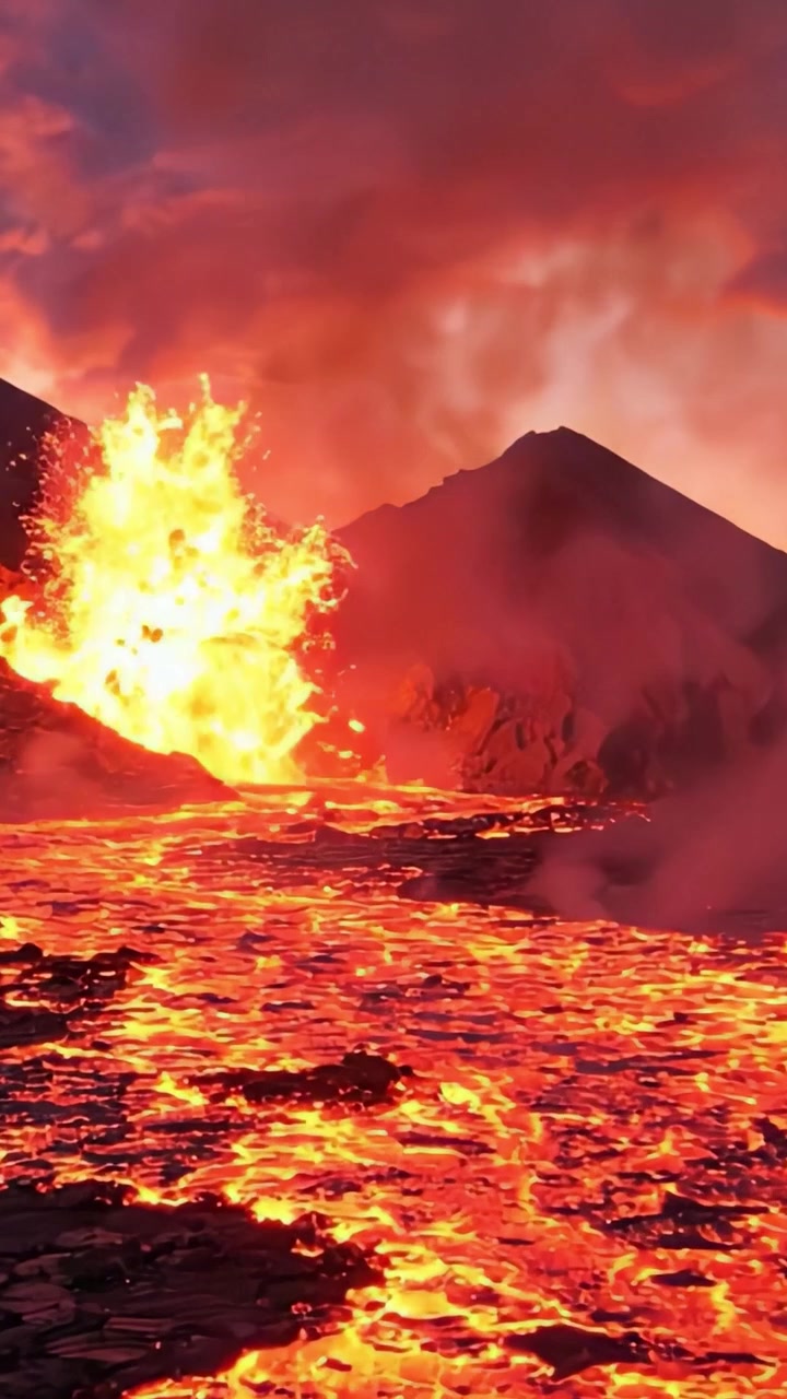 Spectacular Eruption of Molten Lava Cascading from a Volcanic Crater Illuminating the Landscape with Fiery Glow and Smoke Clouds Rising into the Sky