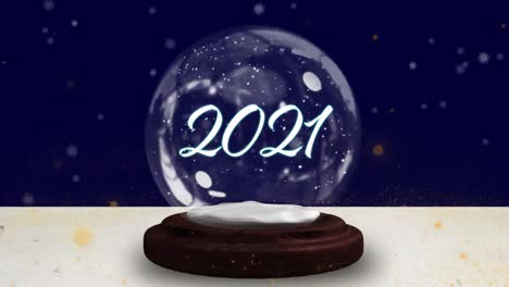 Animation-of-2021-in-snow-globe-on-wooden-boards,-shooting-star-and-snow-falling