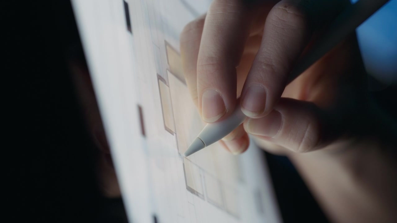 Indretningsarkitekt, der tegner over en plantegning af et hus ved hjælp af en tablet