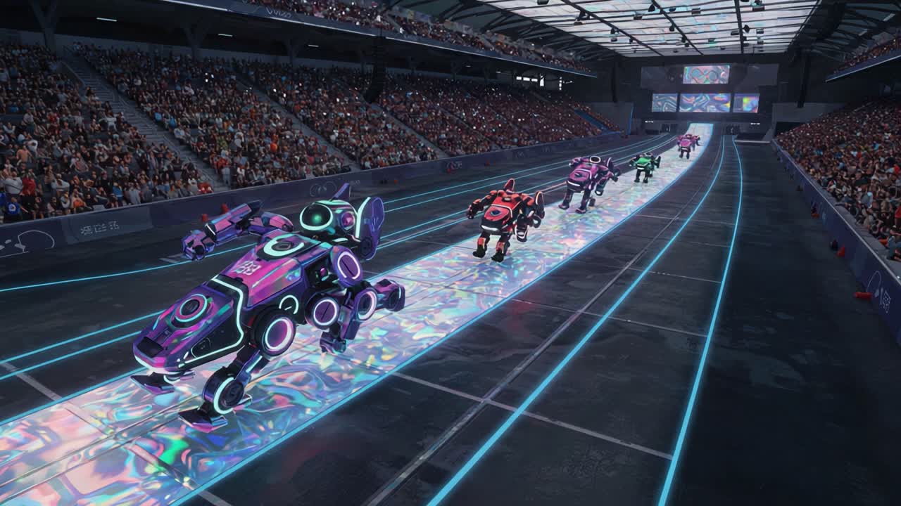 Exciting Race of Futuristic Robots on a Vibrant Track Captivating a Thrilled Audience in a High-Tech Stadium Environment