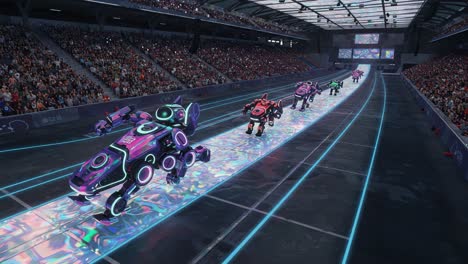 exciting race of futuristic robots on a vibrant track captivating a thrilled audience in a high-tech stadium environment