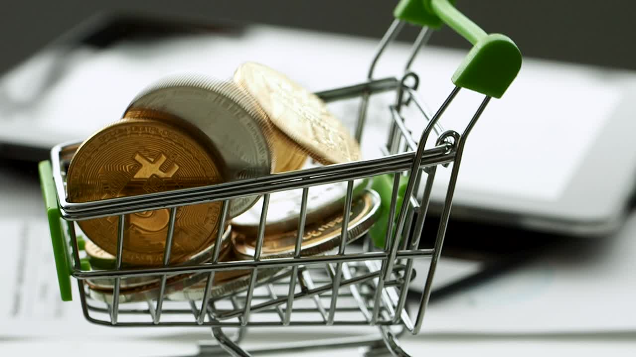 Miniature Shopping Cart Filled with Digital and Regular Coins