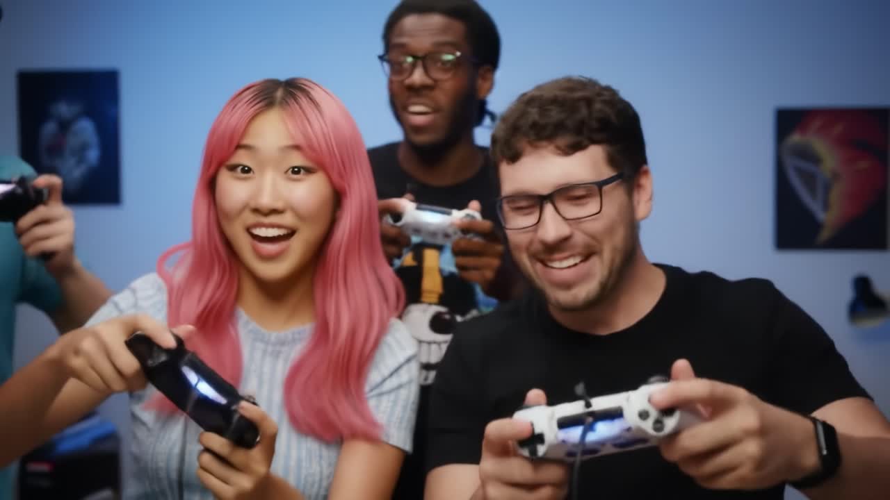 A Dynamic Gaming Experience: Friends Engage in Intense Video Game Competition with Joyful Reactions and Lively Expressions Captured in Two Frames