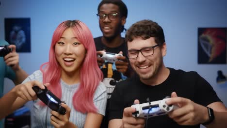 a dynamic gaming experience: friends engage in intense video game competition with joyful reactions and lively expressions captured in two frames
