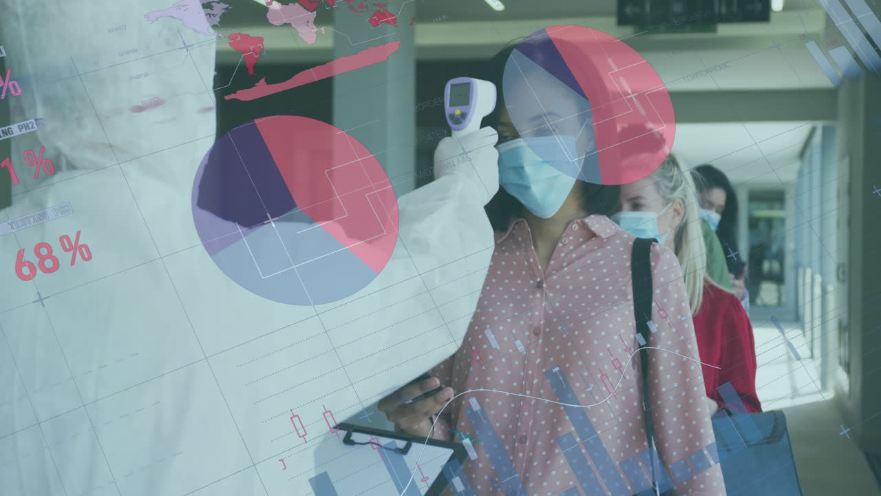 얼굴 마스크를 입은 다양한 사업가들의 온도 판독에 대한 데이터 처리 애니메이션