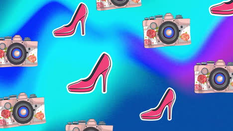 animation of pink high heeled shoes and cameras over blue and purple blur