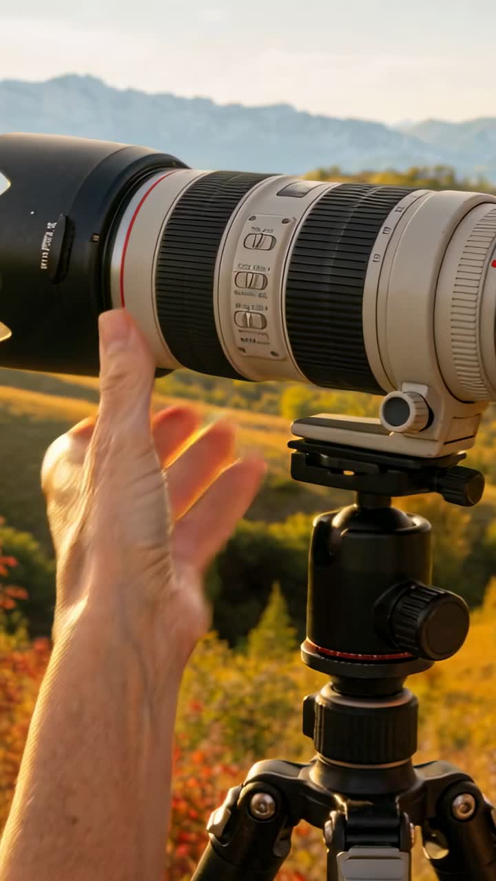 Vertikal video: Landskabsfotograf stabiliserer teleobjektiv, roterer zoomfokus og forbereder optagelse.