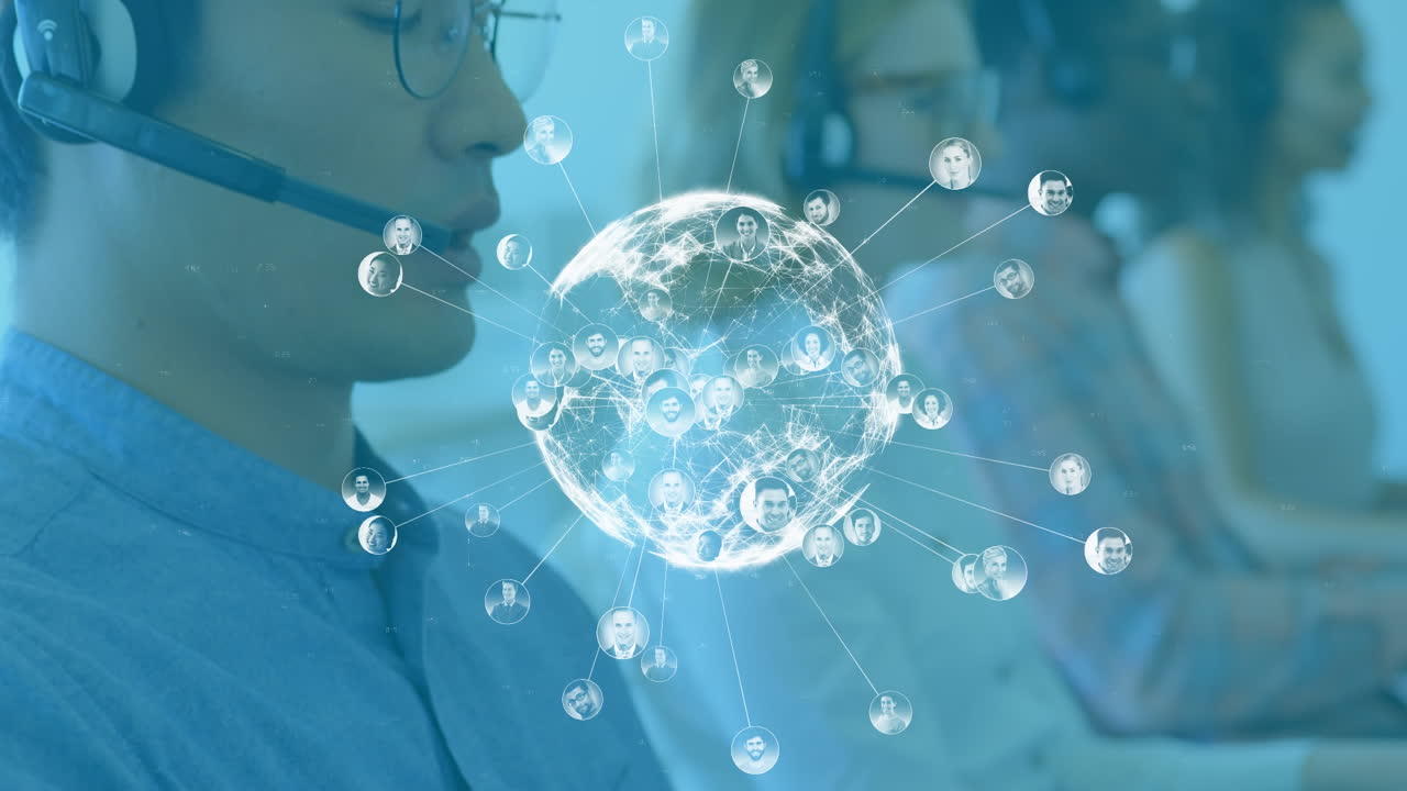 전화 헤드 ⁇ 을 사용하는 다양한 비즈니스 사람들에 대한 사람들의 사진의 세계 네트워크의 애니메이션