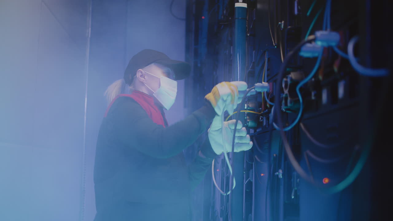 Technician working on server room equipment