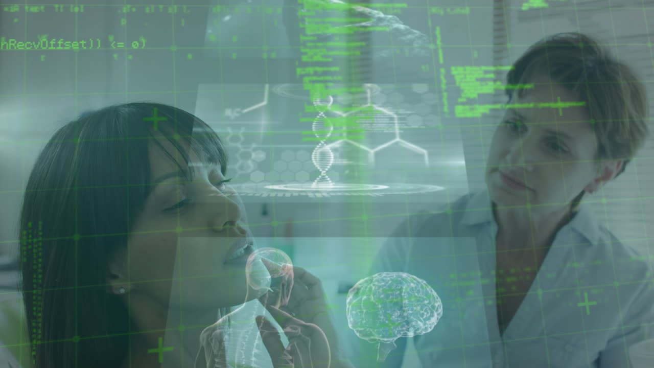 animación de datos biológicos en pantalla digital sobre diversas mujeres médico y paciente