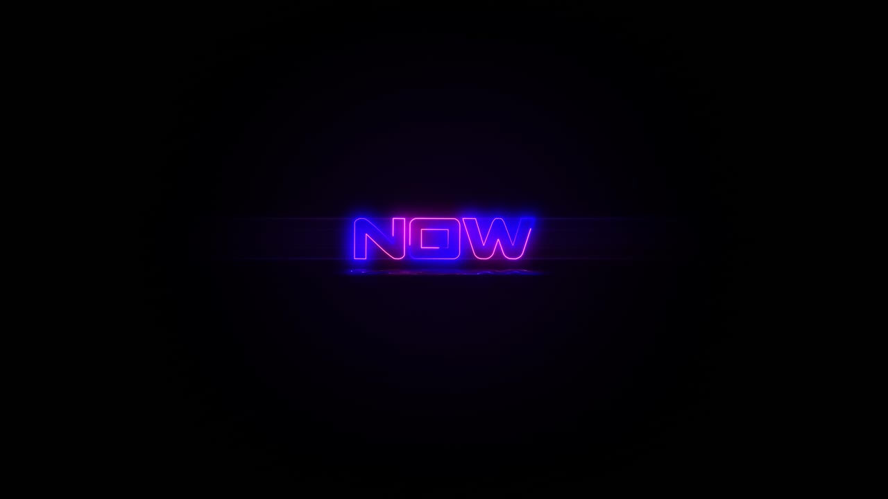Flashing NOW electric blue and pink neon sign flashing on and off with flicker, reflection, and anamorphic lights in 4k