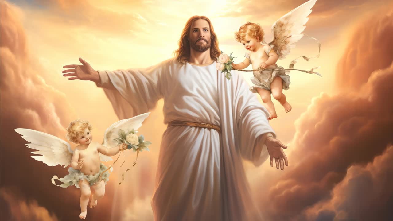Scena celestiale con una figura divina e cherubini, ripresa dal basso