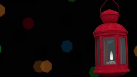 animation of christmas red lantern and fairy lights flickering over black background