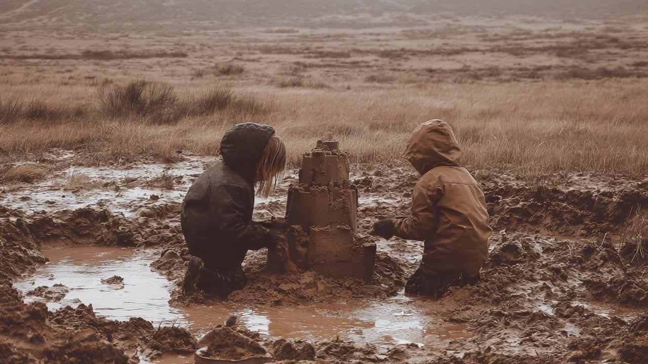 Two Children Engaged in Building a Sandcastle in a Muddy Landscape: A Playful Exploration of Creativity in Nature