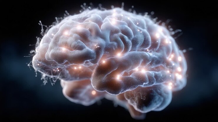 Una visualizzazione mozzafiato del cervello umano: un'intricata rete di neuroni e sinapsi illuminata da luci pulsanti, che rivela le meraviglie della funzionalità cognitiva e della connettività