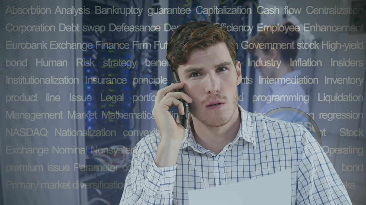Animation of text and caucasian businessman talking on smartphone over server room