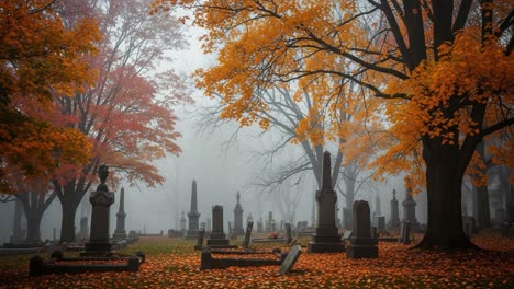 A Serene Autumn Scene in a Foggy Cemetery, With Vivid Orange and Yellow Leaves Creating a Mystical Atmosphere Amidst Elegant Gravestones