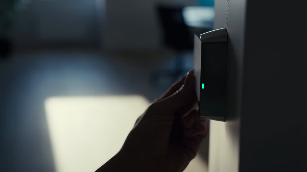 Hand using an access card on a card reader