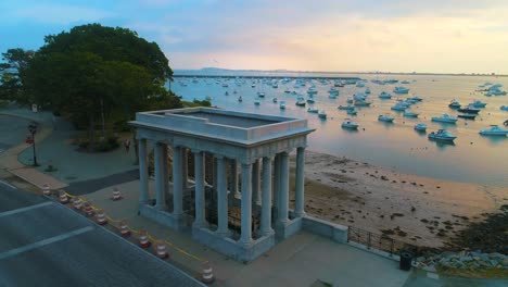 aerial-plymouth-rock-sunrise-harbor-small-vessels-marina-docked-massachusetts-drone