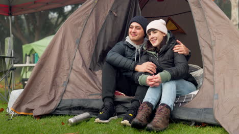 Tent,-hug-and-couple-camping-in-nature-together