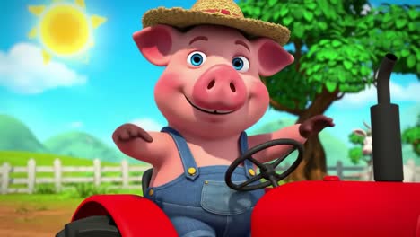 a cheerful animated pig driving a bright red tractor in a sunny farm landscape, showcasing a playful rural scene filled with green hills, trees, and a blue sky