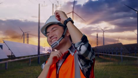 close up of asian male engineer with safety helmet screaming goal and dancing celebrating with solar panel and wind turbines