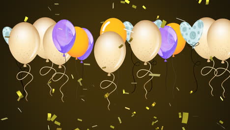 animación de globos coloridos que vuelan y caen confeti sobre fondo oscuro