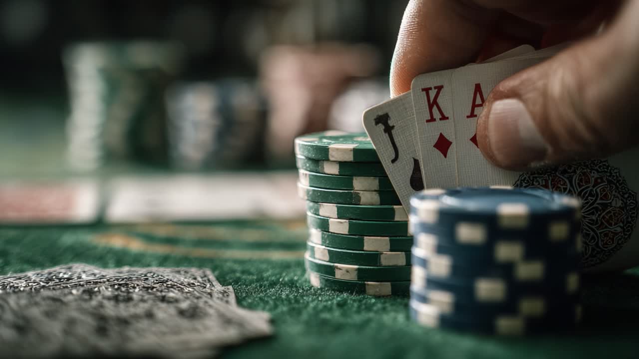 An Intense Moment in a High-Stakes Card Game: Player Reveals Winning Hand with Kings and a Jack While Surrounded by Stacks of Chips on the Table