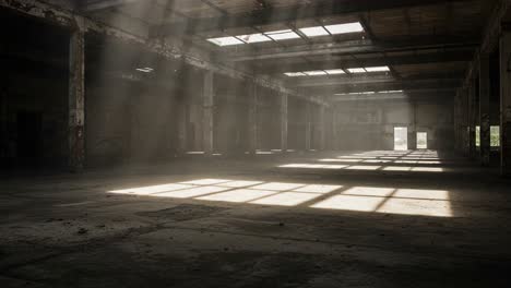 a sunlit abandoned warehouse: capturing the ethereal beauty of dusty beams of light illuminating the forgotten interior of an old industrial space