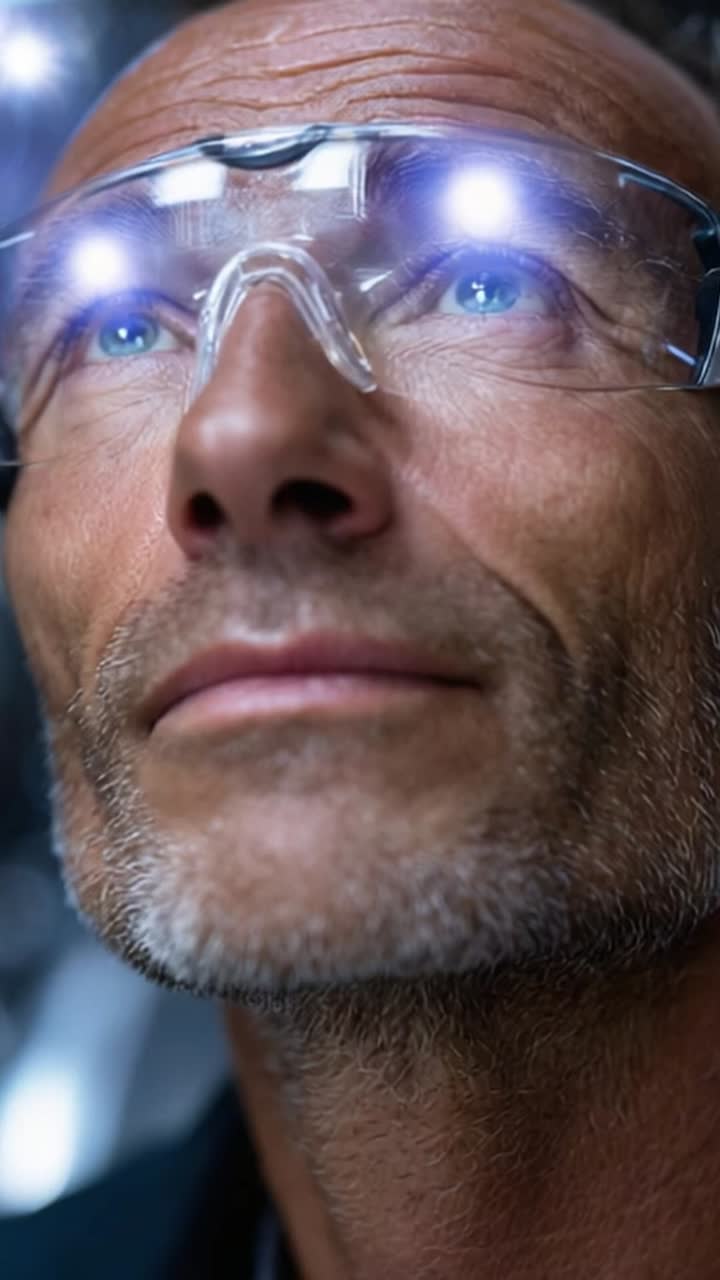 Focused Individual Wearing Safety Goggles, Looking Upwards with Intense Expression, Capturing Moment of Reflection and Awareness in a Technical Environment