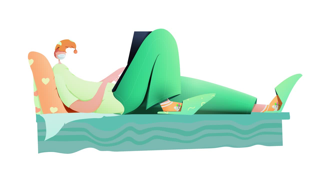 Seamless loop. A man in a quarantine protective mask is lying on a bed and typing on a laptop. Staying home with self quarantine.