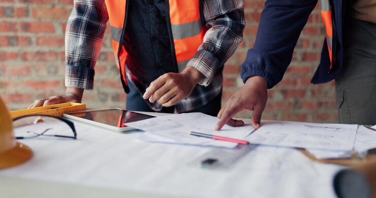 Construction Workers Reviewing Blueprints on Site