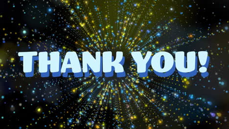 animation of thank you text banner over glowing light trails and spots in seamless pattern