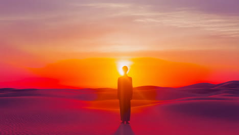 person in desert at sunset