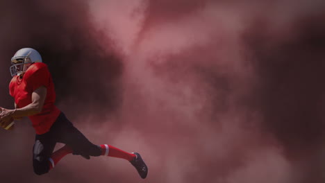 animation of caucasian male rugby player catching the ball against copy space on dark clouds