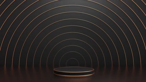 3d animation of a black catwalk with gold geometric decoration-rings