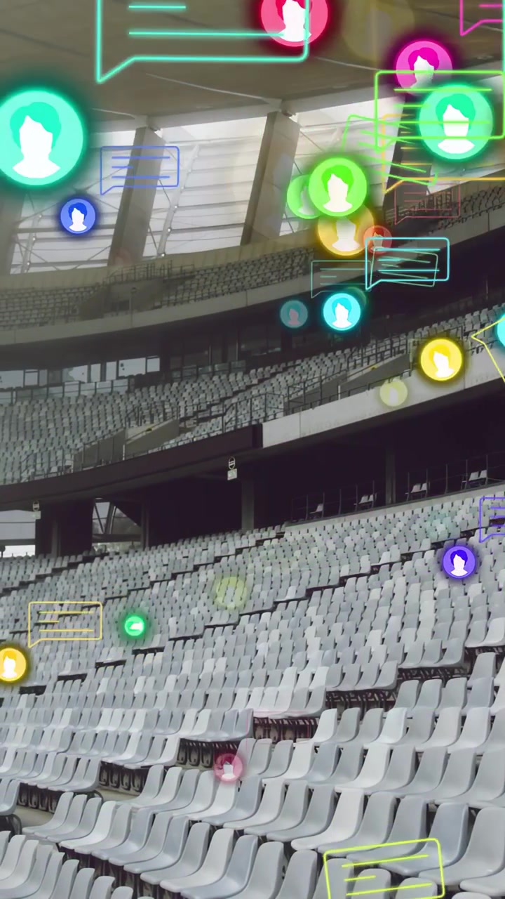 Vertical video: Camera panning showing empty stadium seats, icons spawning, drifting to show crowd
