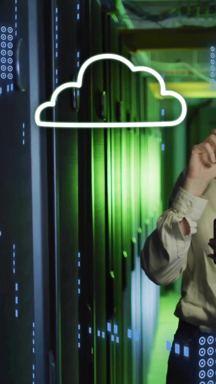 Cloud computing animation over woman holding tablet in server room