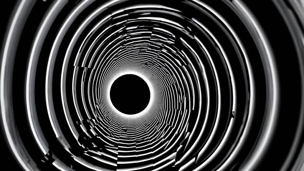 Futuristic video concept with a wormhole style, featuring a dynamic, centered tunnel view