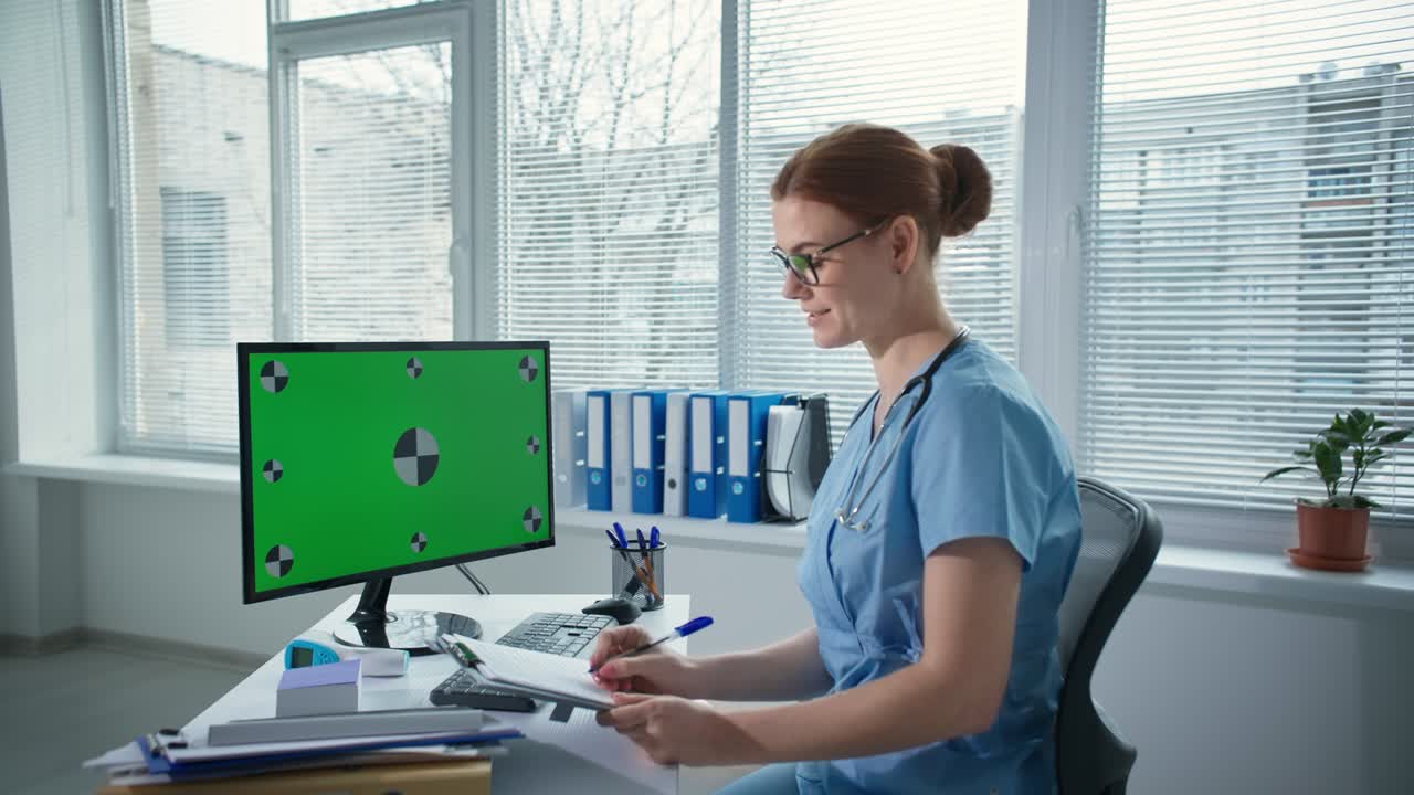 telemedicina, linda doctora con gafas con uniforme azul con estetoscopio toma notas durante la consulta remota a través de una computadora de pantalla verde en la clínica de salud