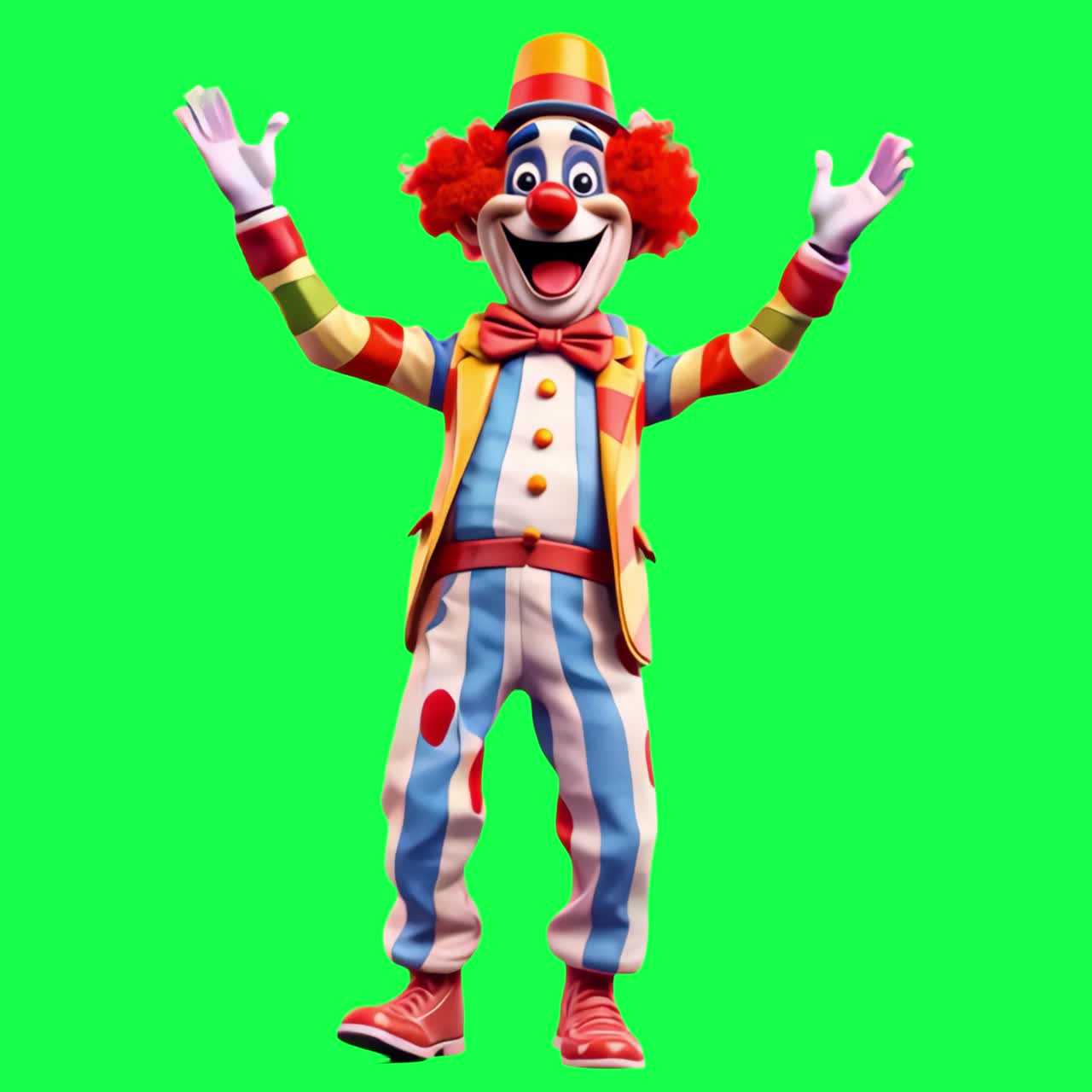 Colorful clown joyful performance animation, transparent 4K video, green screen