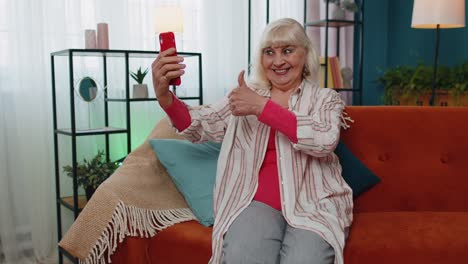 happy senior grandmother holding smartphone watching mobile video calling online making selfie home